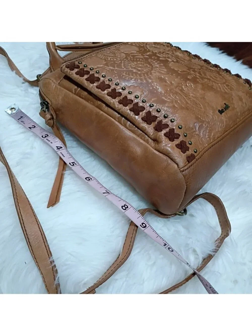 The Sak Brown Leather Embossed Convertible Backpack Purse Adjustable Straps
